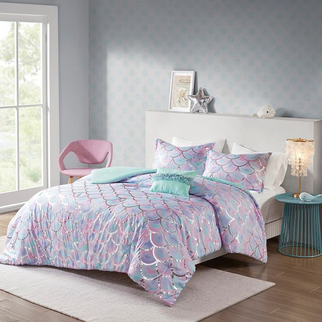 Olliix by Mi Zone Pearl Aqua and Purple Twin/Twin XL Metallic Printed Reversible Comforter Set-2