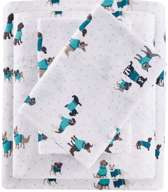 Olliix by Intelligent Design Cozy Soft Teal Dogs Twin Cotton Novelty Print Flannel Sheet Set-0