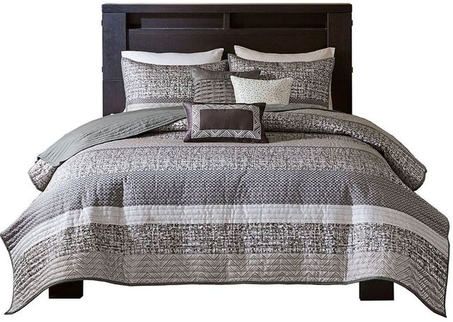 Olliix by Madison Park Rhapsody 6 Piece Grey/Taupe Full/Queen Reversible Jacquard Coverlet Set-0