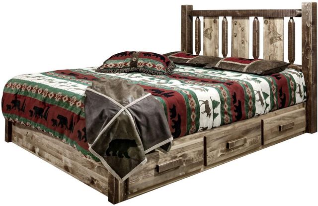 Montana Woodworks® Homestead Stain & Clear Lacquer King Platform Storage Bed with Laser Engraved Wolf Design-3