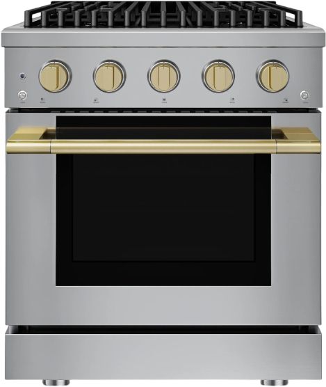 Hauslane HausPro 30" Stainless Steel Pro-Style Dual Fuel Range with Satin Brass Knobs-0
