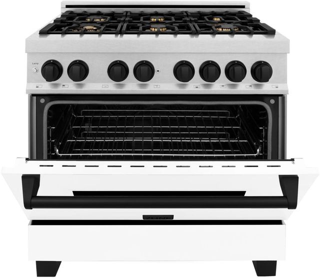 ZLINE Autograph Edition Legacy 36" Satin Stainless Steel Pro Style Dual Fuel Range with White Matte Door and Matte Black Accents-2