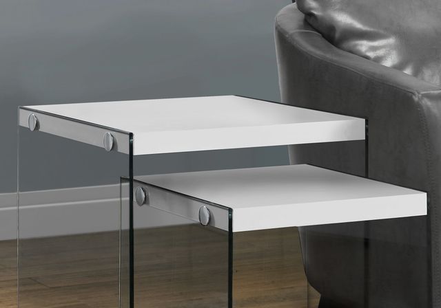Nesting Table, Set Of 2, Side, End, Accent, Living Room, Bedroom, Tempered Glass, Laminate, Glossy White, Clear, Contemporary, Modern-1