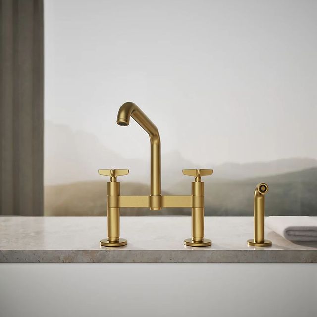 KOHLER® Billet® Vibrant Brushed Moderne Brass 2-Hole Bridge Kitchen Sink Faucet with Side Sprayer-4