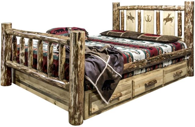 Montana Woodworks® Glacier Country Stain & Clear Lacquer California King Storage Bed with Laser Engraved Bronc Design-3