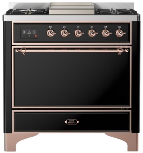 Ilve® Majestic III 36" Glossy Black Pro Style Dual Fuel Liquid Propane Range with Solid Door and Copper Trim-0