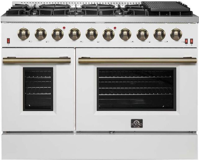 FORNO® Galiano 48" Stainless Steel Pro Style Gas Range with White Door and Antique Brass Accents-0