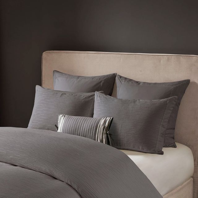Olliix by N Natori 3 Piece Grey Full/Queen Hanae Cotton Blend Yarn Dyed Duvet Cover Set-3