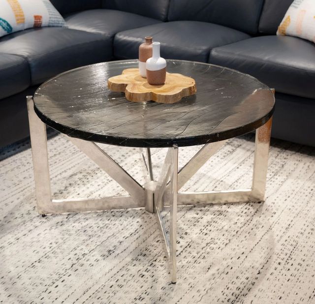 Riverside Furniture Jano Silver Round Glass Top Coffee Table with Forged Metal Base-1