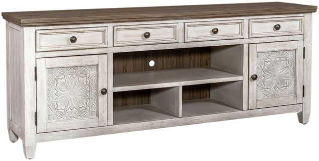 tobacco tv stand Liberty Furniture Heartland Tobacco Top Tile TV Console with Antique White  Base