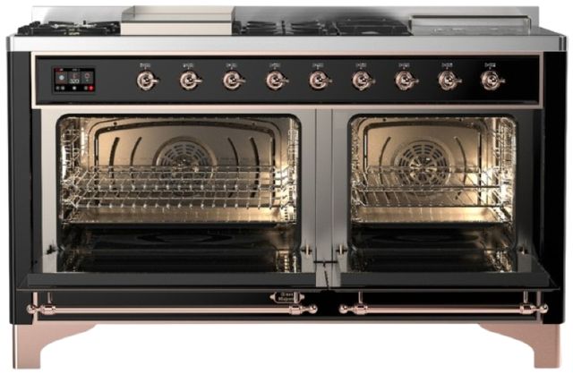 Ilve® Majestic III 60" Glossy Black Pro Style Dual Fuel Natural Gas Range with French Top and Copper Trim-1