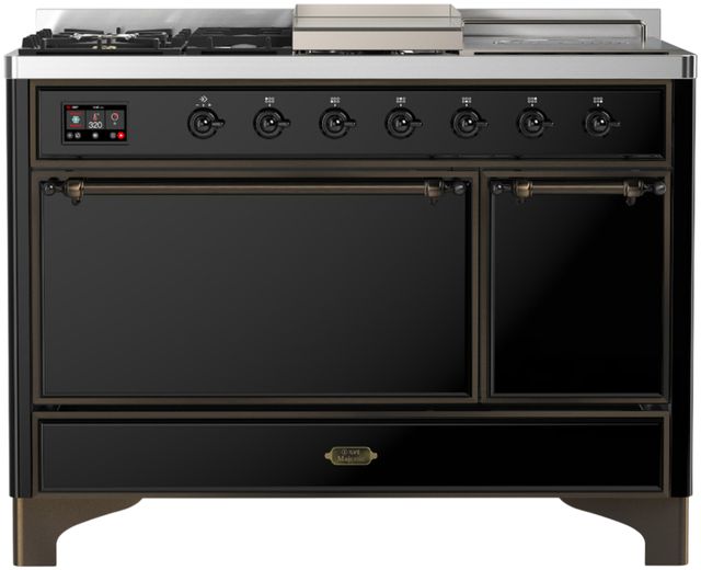 Ilve® Majestic III 48" Glossy Black Pro Style Dual Fuel Liquid Propane Range with French Top and Burnished Trim-0