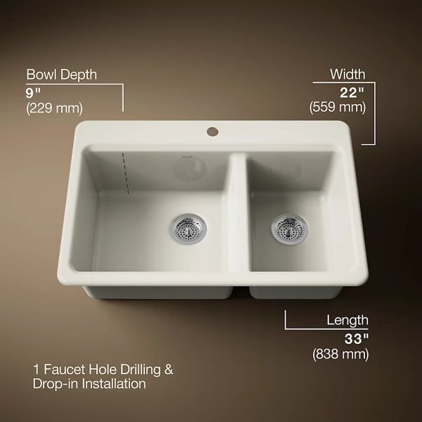 KOHLER® Riverby® Biscuit 33" 1-Faucet Hole Top-Mount Double-Bowl Workstation Kitchen Sink-3