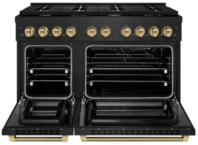 ZLINE Autograph Edition Paramount 48" Black Stainless Steel/Champagne Bronze Helix Handle Freestanding Double Oven Gas Range with 8 Burner Cooktop-1