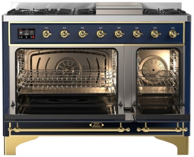 Ilve® Majestic III 48" Midnight Blue Pro Style Dual Fuel Natural Gas Range with Solid Door and Brass Trim-1
