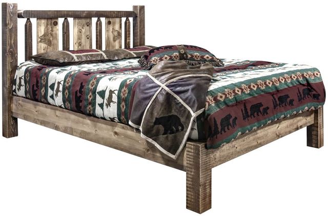 Montana Woodworks® Homestead Stain & Clear Lacquer Twin Platform Bed with Laser Engraved Wolf Design-0