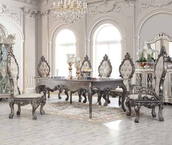 Homey Design 7-Piece Antiqued Silver Grey Brown/Light Gray Dining Room Set