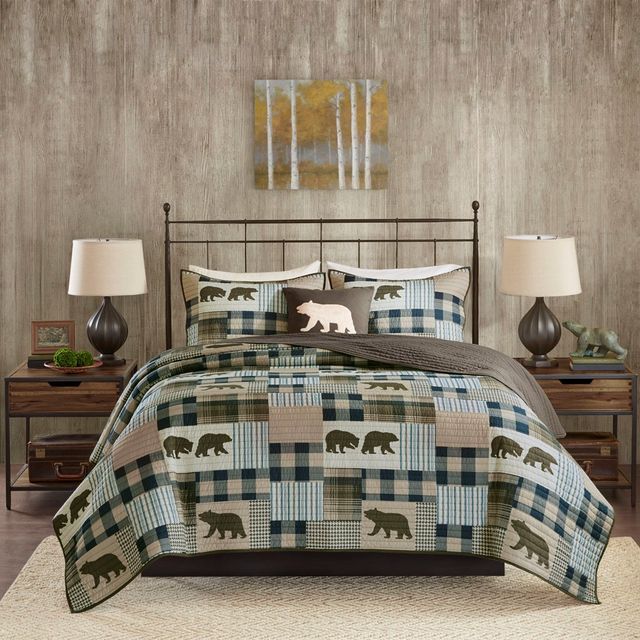 Olliix by Woolrich Twin Falls Brown/Blue Full/Queen Oversized 4 Piece Quilt Set-0