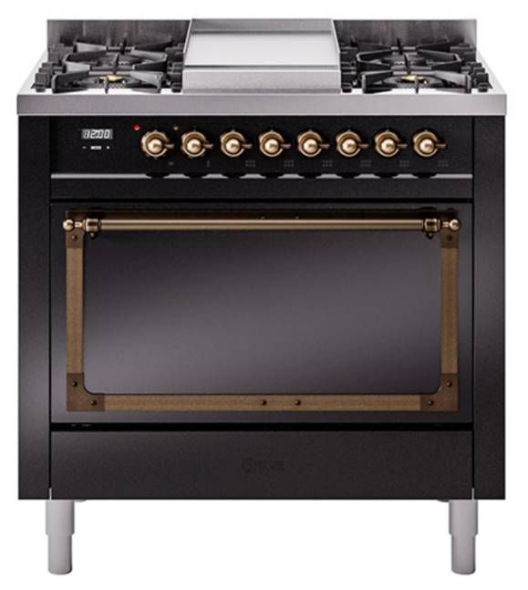 Ilve® Nostalgie II Noblesse 36'' Glossy Black Pro Style Dual Fuel Range with Burnished Trim-0