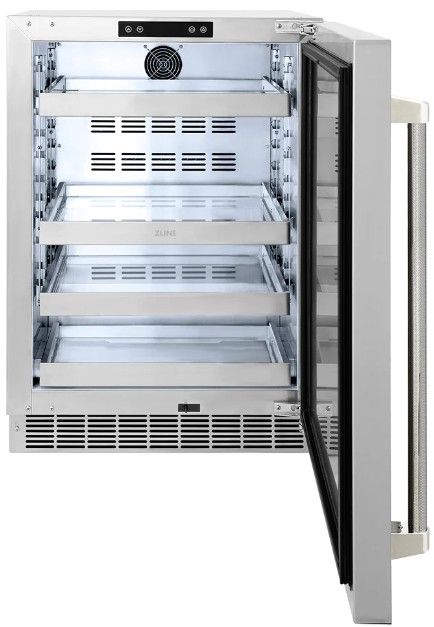 ZLINE Autograph Edition Touchstone 24 " 5.2 Cu. Ft. Stainless Steel 151 Can Beverage Fridge with Solid Door and Polished Nickel Helix Handle-1