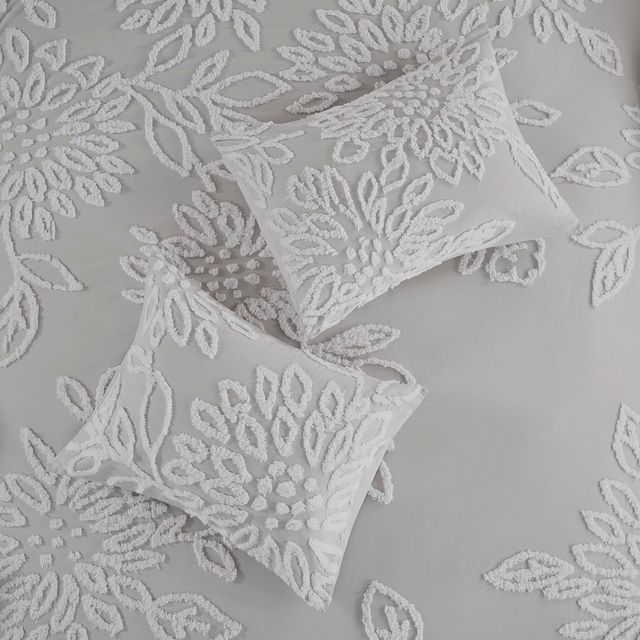 Olliix by Madison Park 3 Piece Grey/White Full/Queen Veronica Tufted Cotton Chenille Floral Comforter Set-4