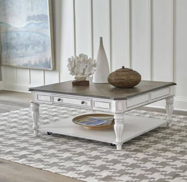 Liberty Furniture Magnolia Manor Antique White Oversized Square Cocktail Table with Weathered Bark Top-8