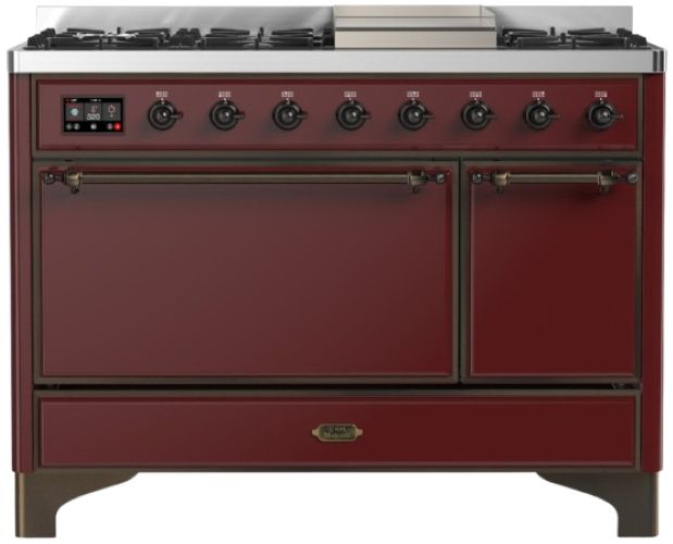 Ilve® Majestic III 48" Burgundy Pro Style Dual Fuel Natural Gas Range with Solid Door and Burnished Trim-0
