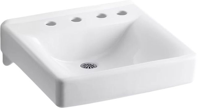 KOHLER® Soho® White Sealed Overflow Wall-Mount Concealed Arm Carrier Bathroom Sink with 8" Widespread Faucet Holes and Right-Hand Soap Dispenser Hole-0