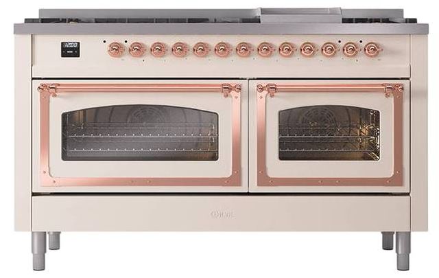 Ilve® Nostalgie II Noblesse 60'' Antique White Pro Style Dual Fuel Range with Copper Trim-1