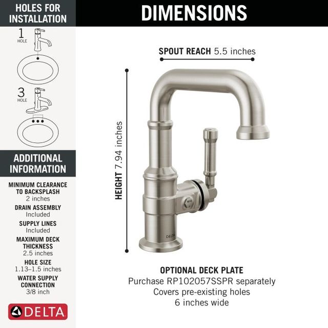 Delta Broderick® Lumicoat® Stainless 8" Single Handle Bathroom Faucet with Drain-1