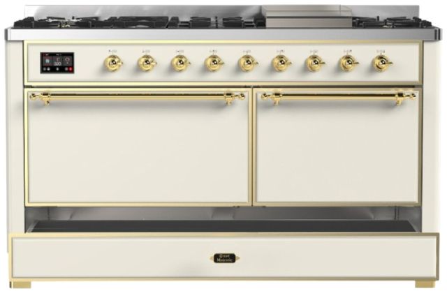 Ilve® Majestic III 60" Antique White Pro Style Dual Fuel Liquid Propane Range with Solid Door and Brass Trim-2