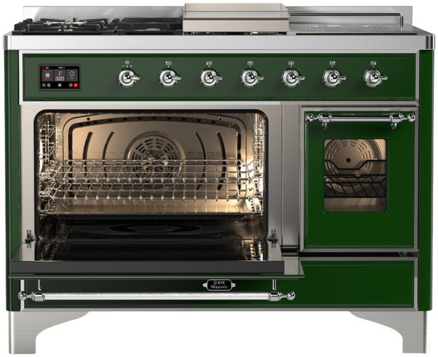 Ilve® Majestic III 48" Emerald Green Pro Style Dual Fuel Natural Gas Range with 5 Black Brass Burners and Chrome Trim-2