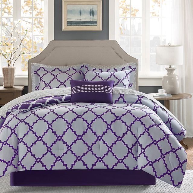 Olliix by Madison Park Essentials Merritt Purple/Grey California King Reversible Complete Comforter and Cotton Sheet Set-3