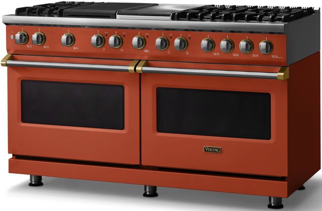 Viking® 5 Series 60" Spiced Cider Pro Style Dual Fuel (NG) Range with Brushed Brass Trim-2
