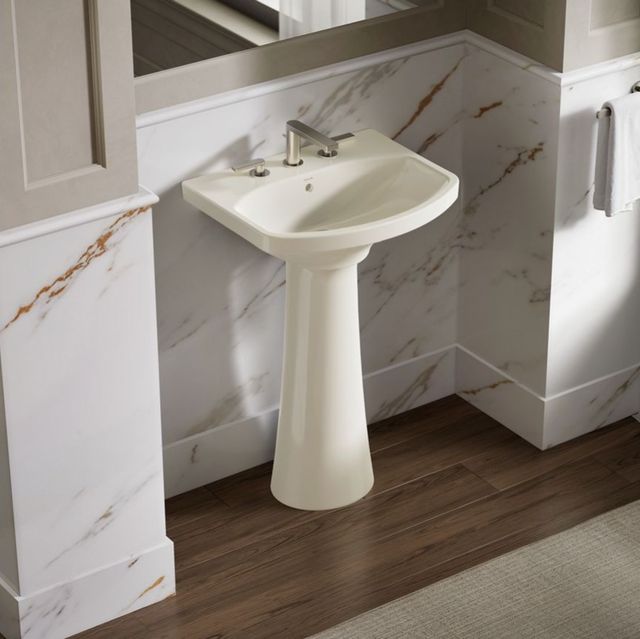 Kohler Cimarron® Biscuit 22.75" Widespread Faucet Holes Rectangular Pedestal Bathroom Sink-2