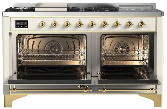 Ilve® Majestic III 60" Antique White Pro Style Dual Fuel Natural Gas Range with Griddle and Brass Trim-1