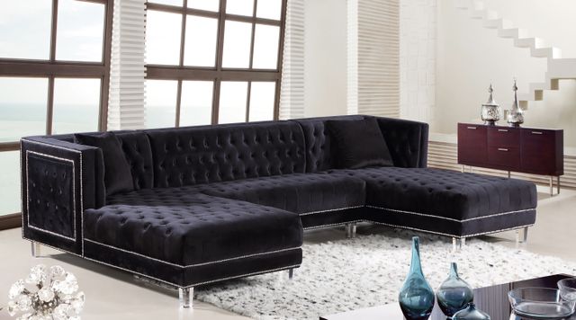 Meridian Furniture Moda 3-Piece Black Velvet U-Shape Double Chaise Sectional-4