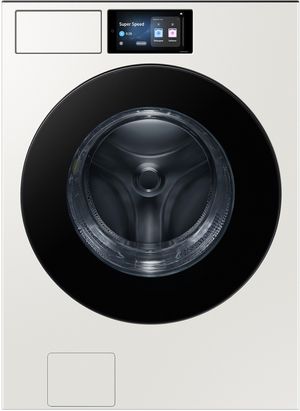 Front view of the Samsung Bespoke AI 5.3 Cu. Ft. Ivory Front Load Washer with AI Home and AI OptiWash™