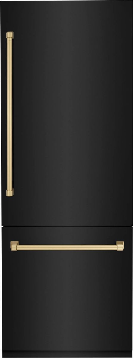 ZLINE Autograph Edition 30" 16.1 Cu. Ft. Black Stainless Steel Built-In Bottom Freezer Refrigerator with Polished Gold Accent and Bright White Interior-0
