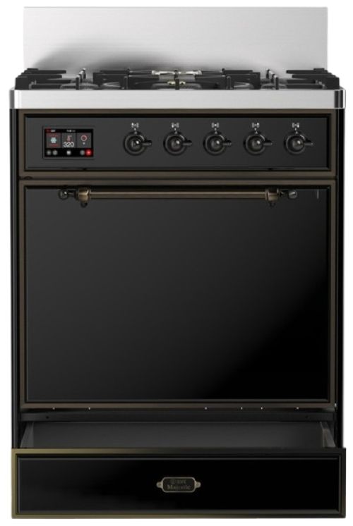 Ilve® Majestic III 30" Glossy Black Pro Style Dual Fuel Natural Gas Range with 5 Black Brass Burners and Burnished Trim-2