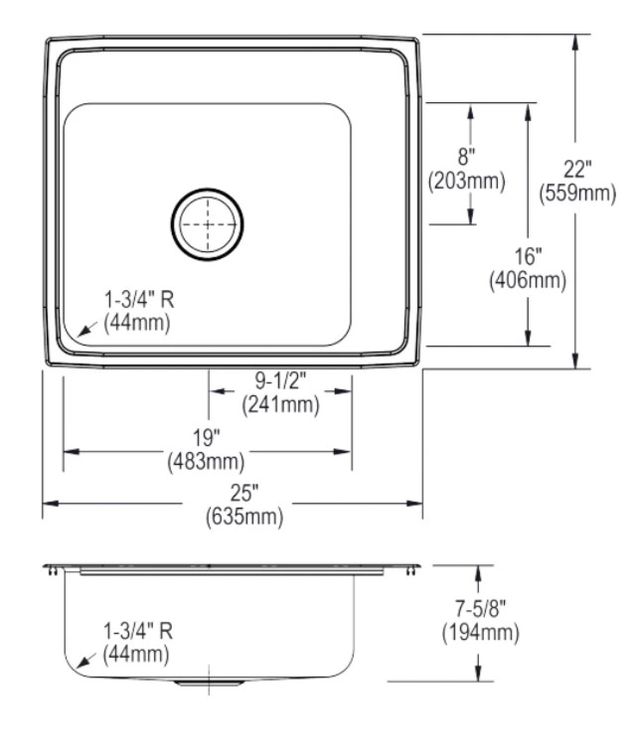 Elkay Lustertone® Classic Lustrous Satin Stainless Steel 25" x 22" x 8" Single Bowl Drop-in Classroom Sink-1