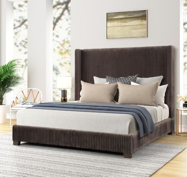 Bernards Milo Brown Pleated Upholstered King Panel Bed-1
