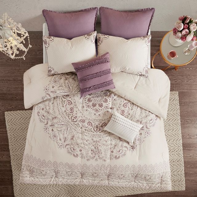Olliix by Madison Park 8 Piece Purple King Elise Cotton Printed Reversible Comforter Set-1