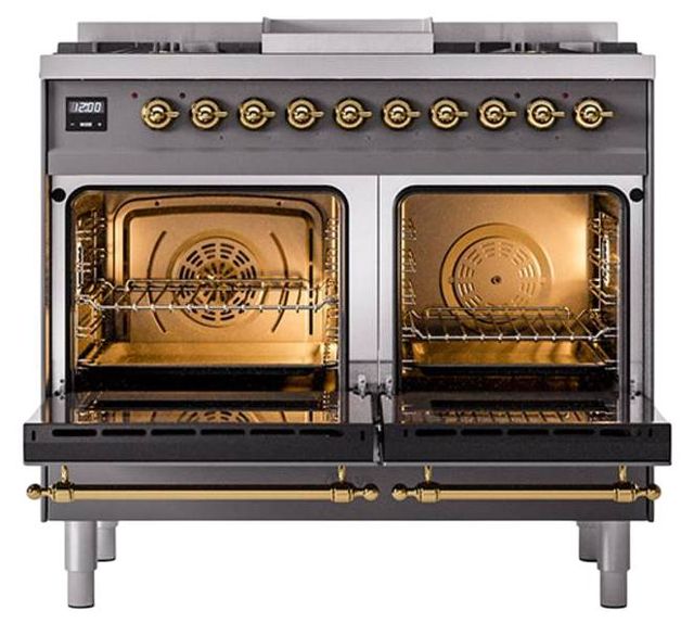 Ilve® Nostalgie II Noblesse 40'' Graphite Matte Pro Style Dual Fuel Range with Brass Trim-2