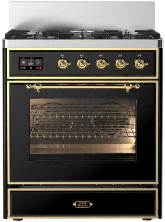 Ilve® Majestic III 30" Glossy Black Pro Style Dual Fuel Liquid Propane Range with Triple Glass Door and Brass Trim-0