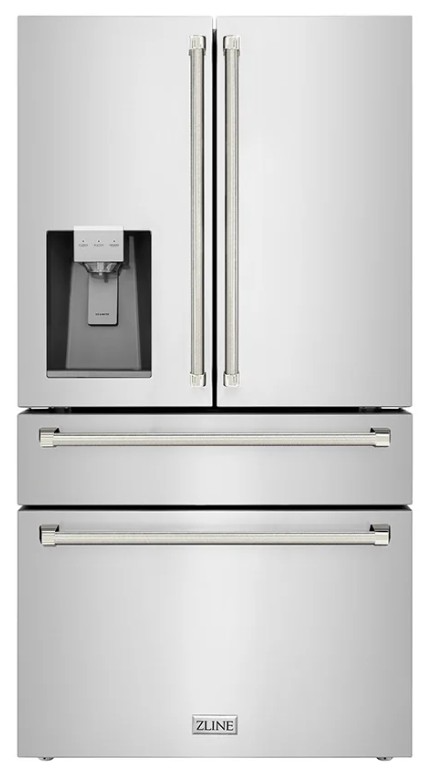 ZLINE Autograph Edition 36 in. 21.6 cu. ft. Counter-Depth French Door Refrigerator with Water and Ice Dispenser in Fingerprint-Resistant Stainless Steel with Polished Nickel Helix Handles (RFMZ-W-36-KPN)
