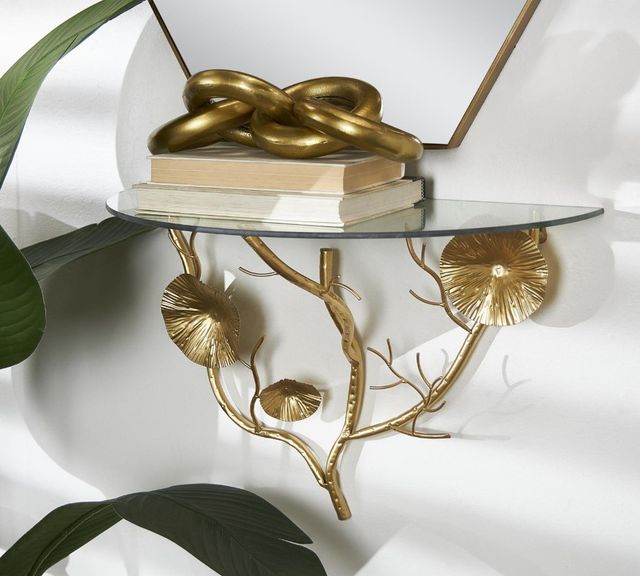 Deco Marche Gold Floral Branch Wall Shelf with Glass Top-3