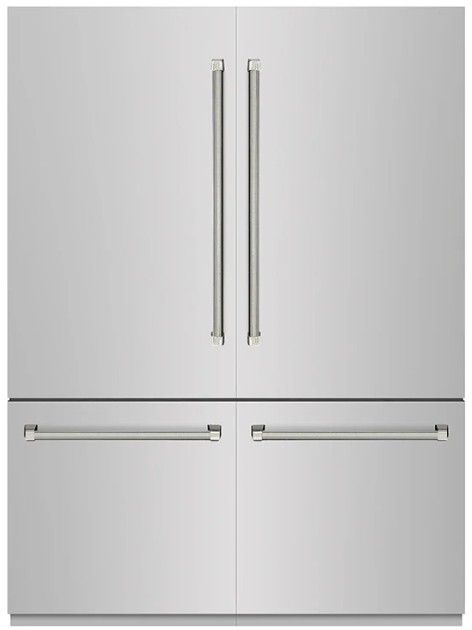 ZLINE Autograph Edition 60" 32.2 Cu. Ft. Stainless Steel with Graphite Gray Interior and Polished Nickel Helix Handles French Door Built-In Bottom Freezer Refrigerator with Water Dispenser and Ice Maker -0
