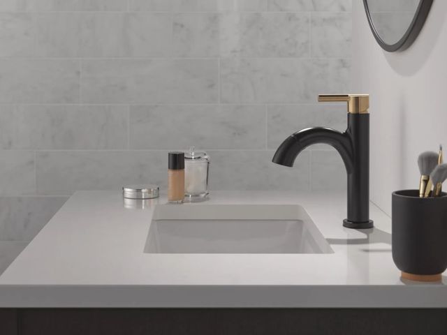 Delta Nicoli® Champagne Bronze/Matte Black Single Handle Arched Pull-Down Bathroom Faucet-3