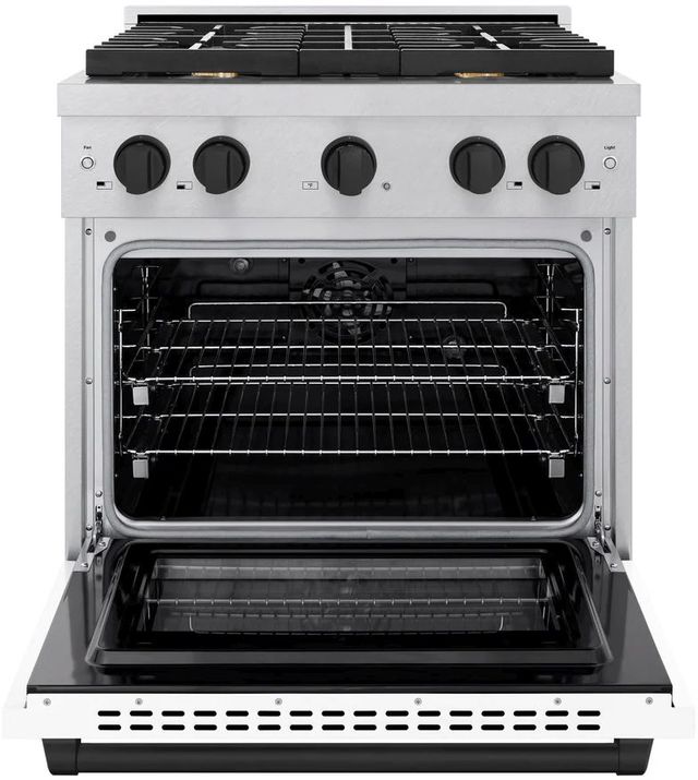 ZLINE Autograph Edition Paramount 30" Satin Stainless Steel Pro Style Dual Fuel Range with White Matte Door and Matte Black Accents-1